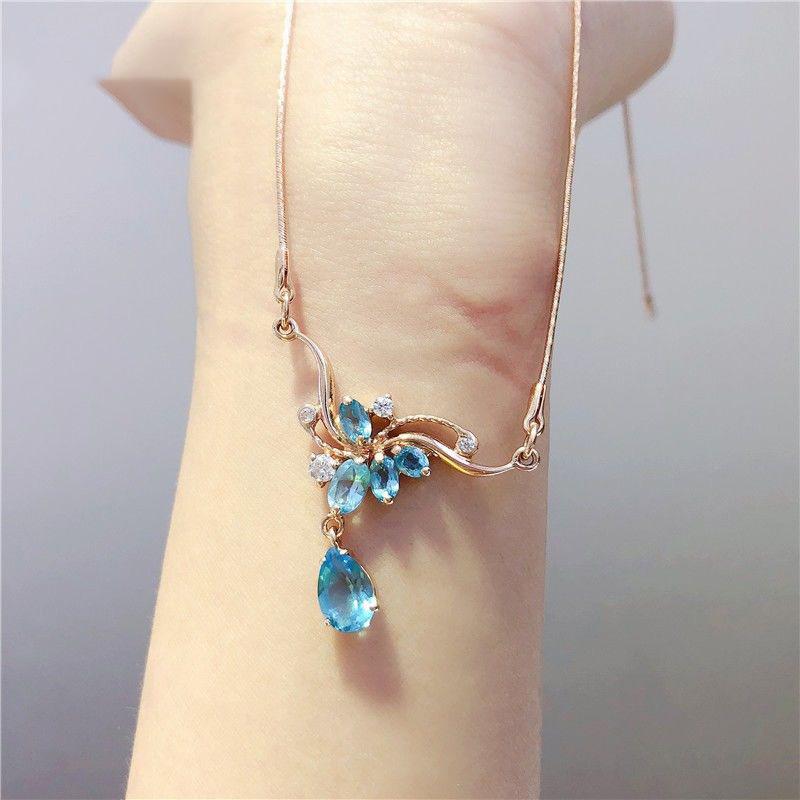 Purple Gold Blue Topaz Necklace Fashionable Rose Gold Plated Water Drop Flower Collarbone Chain