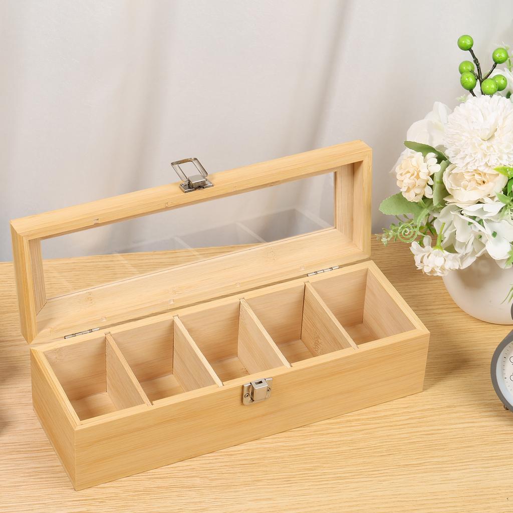 Bamboo Tea Bag Storage Box with Clear Lid 5 Compartments Multifunctional Coffee Tea Box Organizer Sugar Container