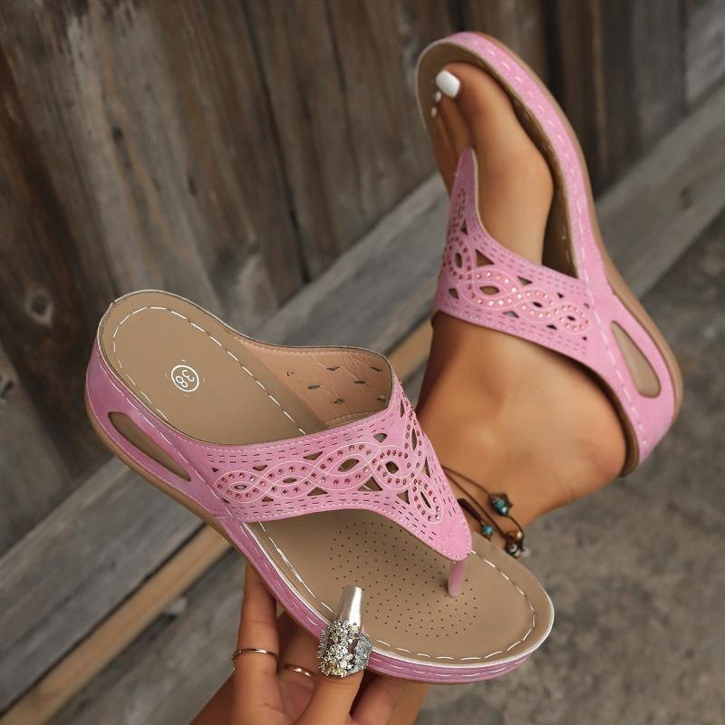 

Hollow thick bottom slope heel large size rhinestone flip-flops women s new casual pinch feet ethnic cool slippers summer 43 розовый