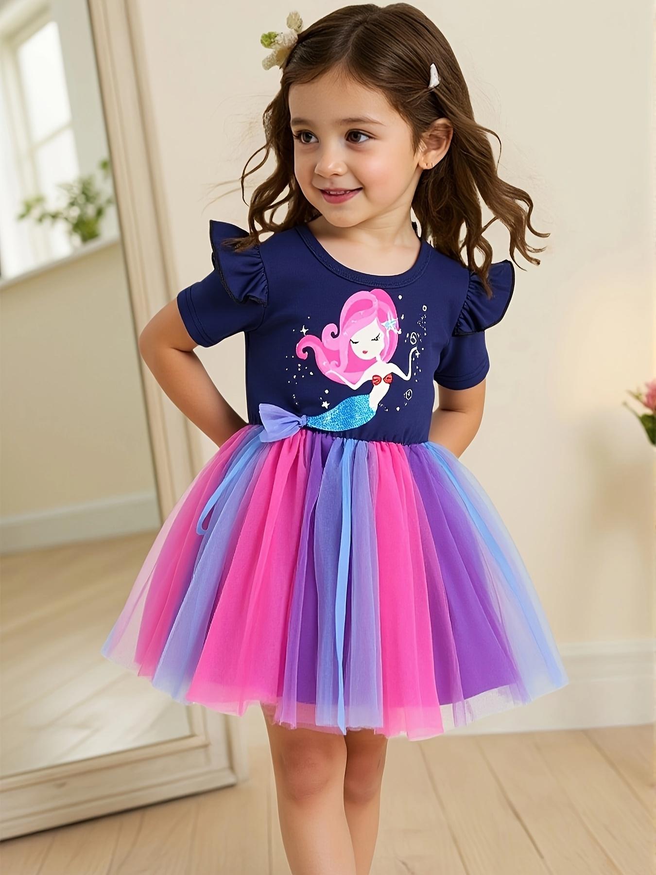 Girls Princess Dress Summer Kids Cartoon Mermaid Print Mesh Tail Colorful Tulle Dress Fashion Outfit 1-2Y