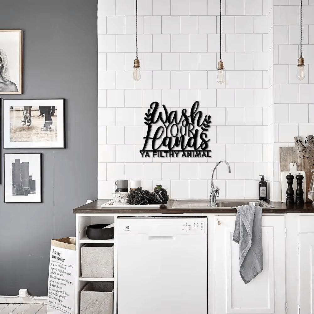 Black Metal Bathroom Sign Wash Your Hands Rustic Wall Decor Functional Reminder Art Festival Statue Decoration