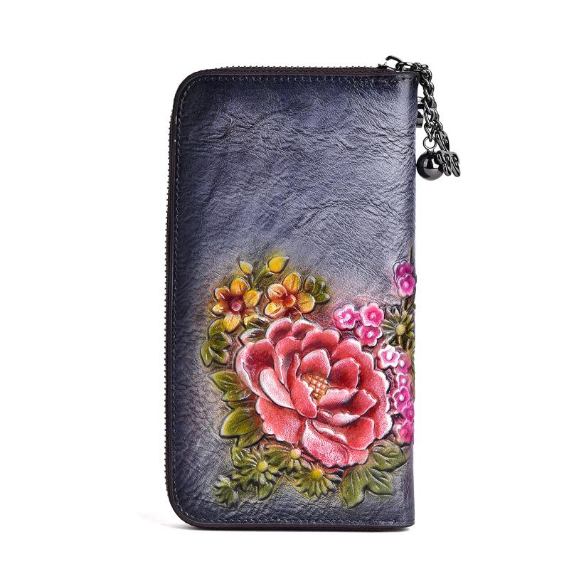 Vintage Ladies Wallet Genuine Leather Clutch Bag Retro 3D Embossed Floral Purse Woman   Handmade Real Cow Leather Wallet