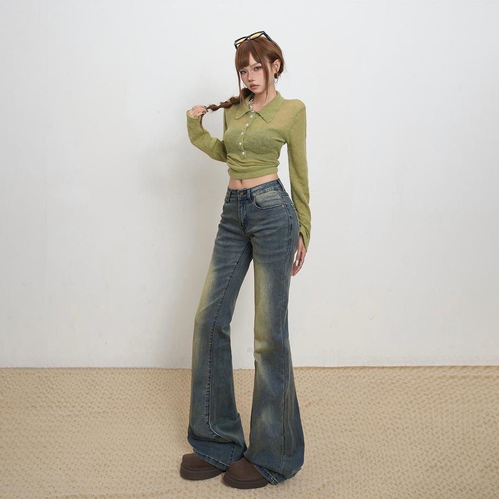 American retro low-rise Spice Girl flared pants nostalgic micro-elastic autumn and winter versatile slim and thin jeans women