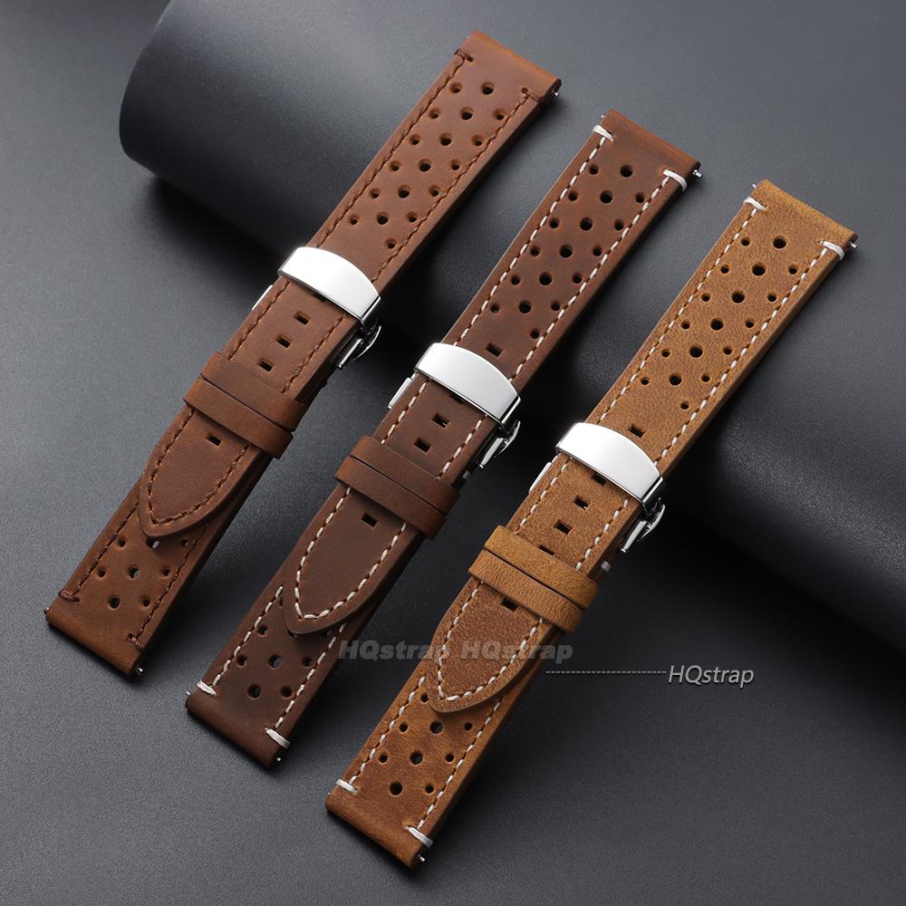 Vintage Cowhide Watch Strap Breathable Leather Watch Band 18mm 19mm 20mm 21mm 22mm 24mm Quick Relase Butterfly Buckle Bracelet