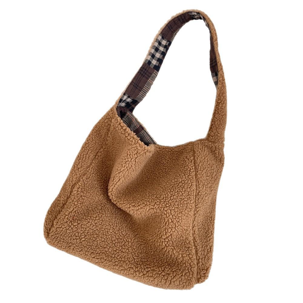 Small Fresh Plaid Double-sided Back Plush Women's Shoulder Bags Simple Solid Color Ladies Handbag Large Capacity Female Tote Bag