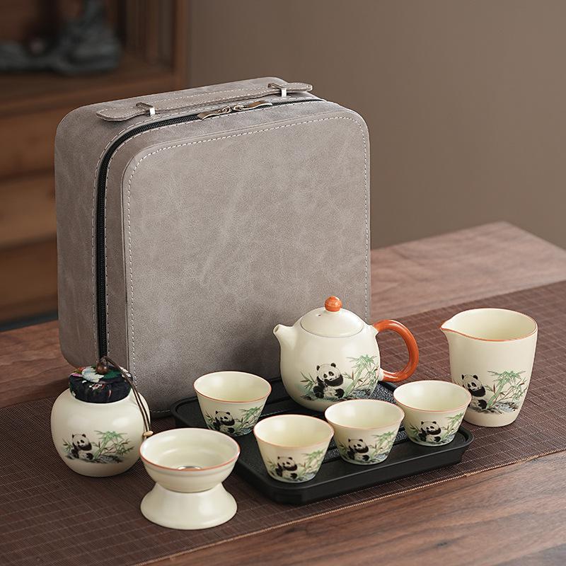 Guochao Ru Kiln Panda Tea Set Light Luxury Set Home Office Kung Fu Tea Ware Business Gifts Available