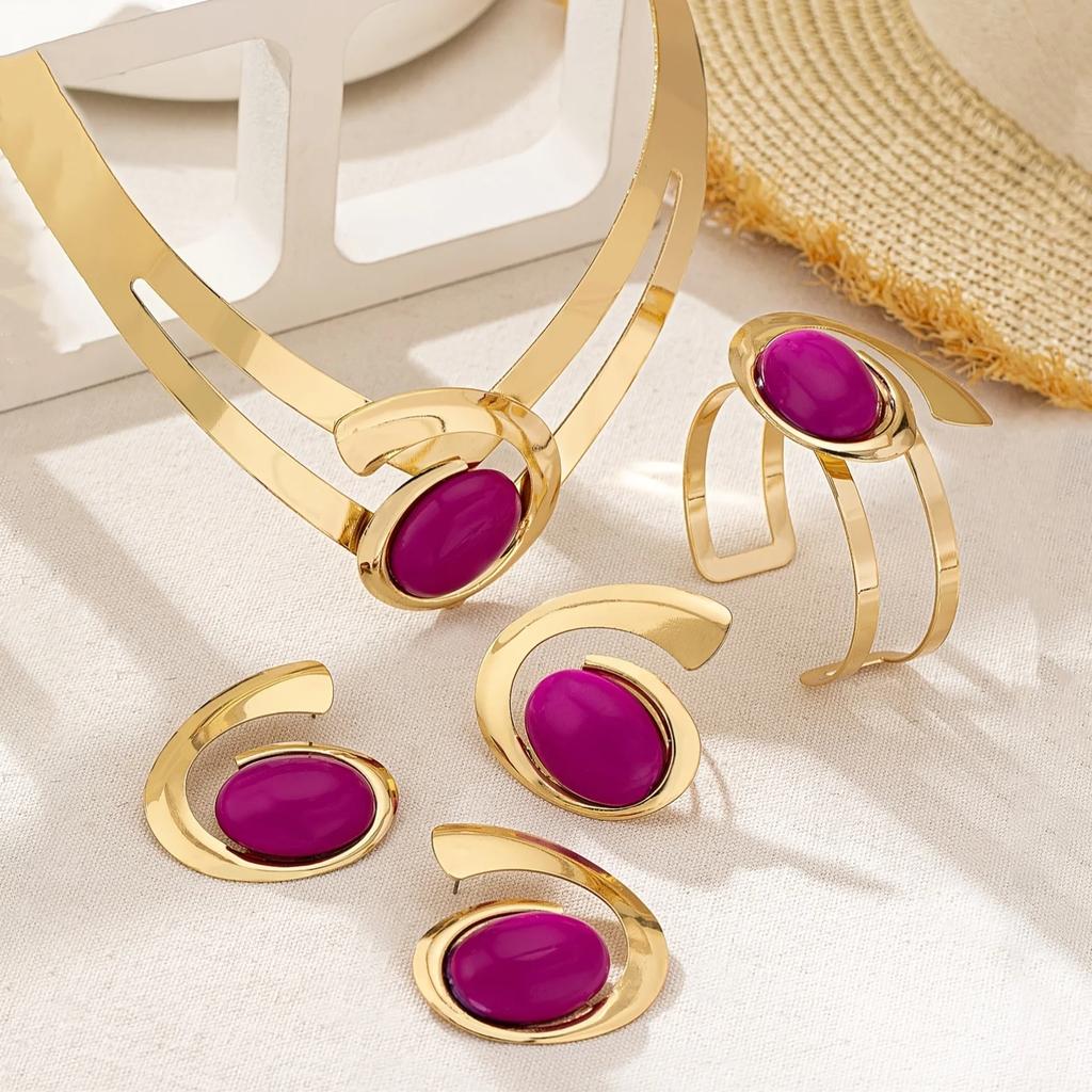 Elegantes 5-teiliges Damenschmuckset im Urlaubsstil - Asymmetrisches Edelstein-Halsketten-, Ohrring-, Armband- und Ring-Set