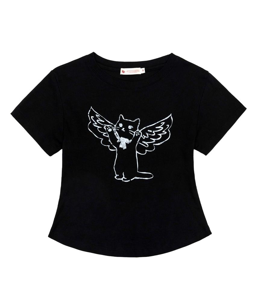 Loginaenloji Angel Cat Printed T-Shirt Black