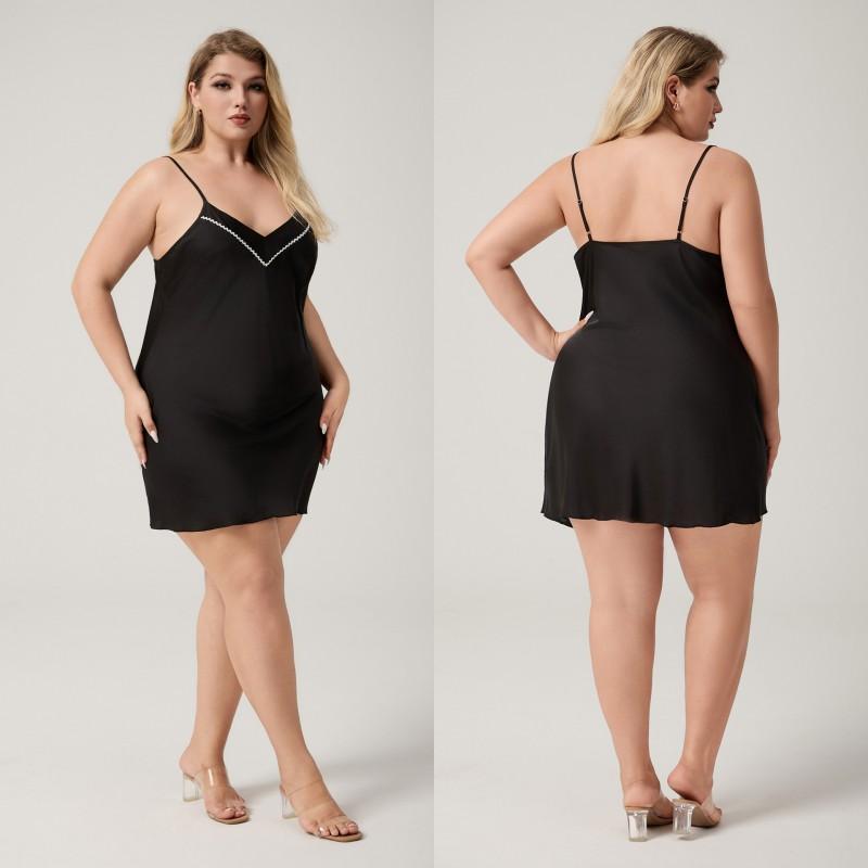 Womens Plus Size Satin Slip Nightdress Sleeveless V-Neck Sleepwear Short Nightgown Home Hotel 1XL чёрный