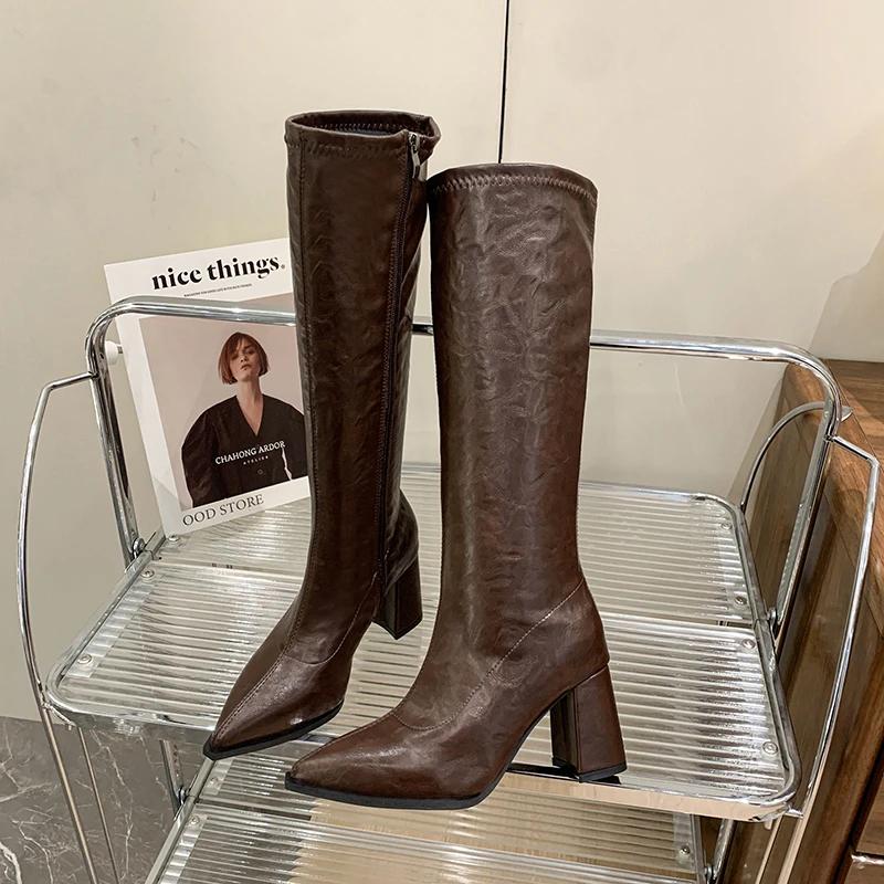 

Модная женская обувь 2025 Осень Зима Сапоги до колена Модные рыцарские длинные сапоги для женщин Обувь на квадратном высоком каблуке для женщин Botas Mujer 42 коричневый