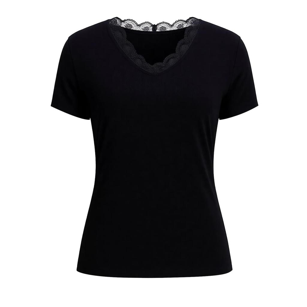 Damen Kurzarm Tops V-Ausschnitt Spitzenbesatz Gerippt Figurbetont Eng Lässig Basic T-Shirt