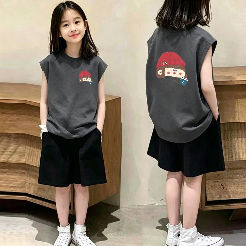 Girls' Sleeveless Cotton Vest & T-Shirt Set - Casual Summer Two-Piece for Medium & Large Girls