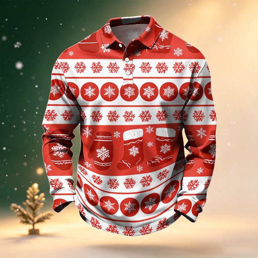 Men's Golf Shirt Long Sleeve Casual Christmas Print Quick-Dry Mesh Top