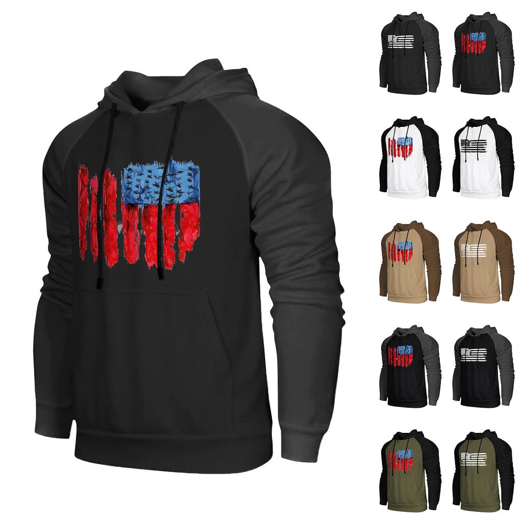 Herren Lässiges Kapuzen-Sweatshirt mit Kordelzug, lang, mit Flaggen-Print und Taschen