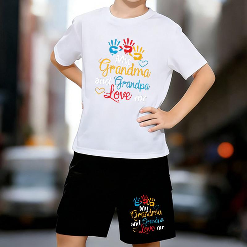 

Boys 2 Piece Childlike Hand-drawn Style Printed Outfit, Short Sleeve T-Shirt and Shorts Set for Kids Age 5-14,white,Black Sporty Casual Summer Clothes 13-14 Years білий
