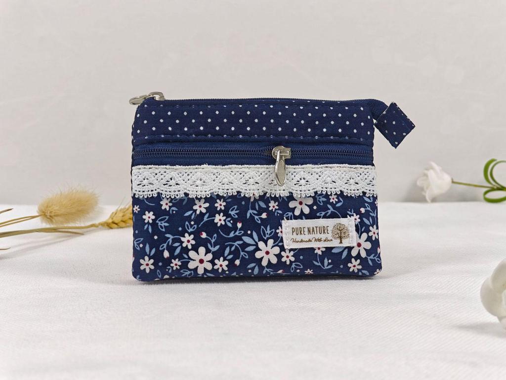 Handmade Countryside Fabric Double Zipper Coin Purse & Key Holder for Women