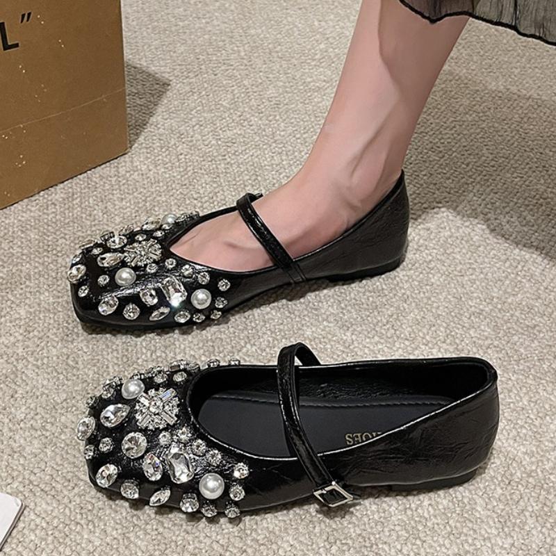 Women's Summer Fashion Luxury Diamond Mary Jane Sandals Women's Square Toe Designer Flat Shoes Diamond Shining Women's Sandals