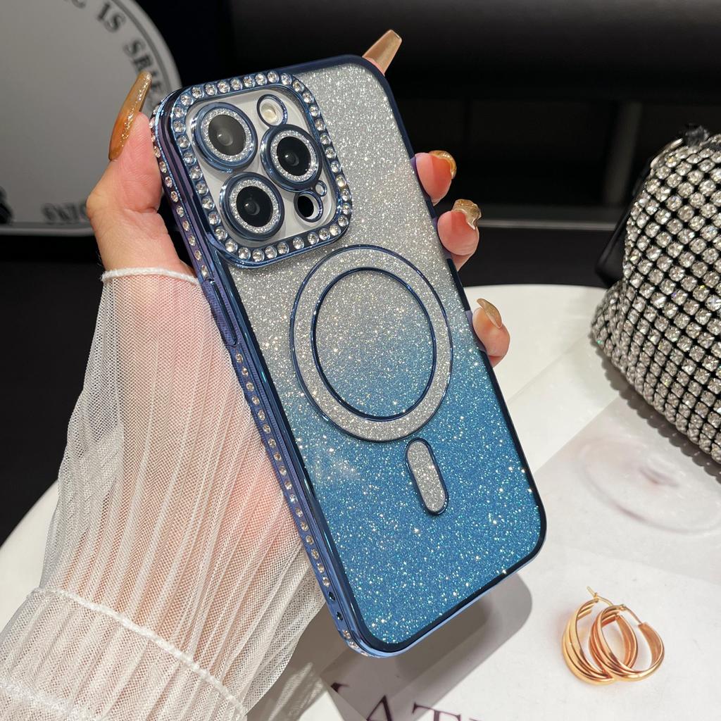 Plating Glitter Bling Diamond Camera Lens Protector Bumper Phone Case For iPhone 17 Air 16 15 14 Pro Max Samsung S25 S24 S23 Magnetic Protective Cover