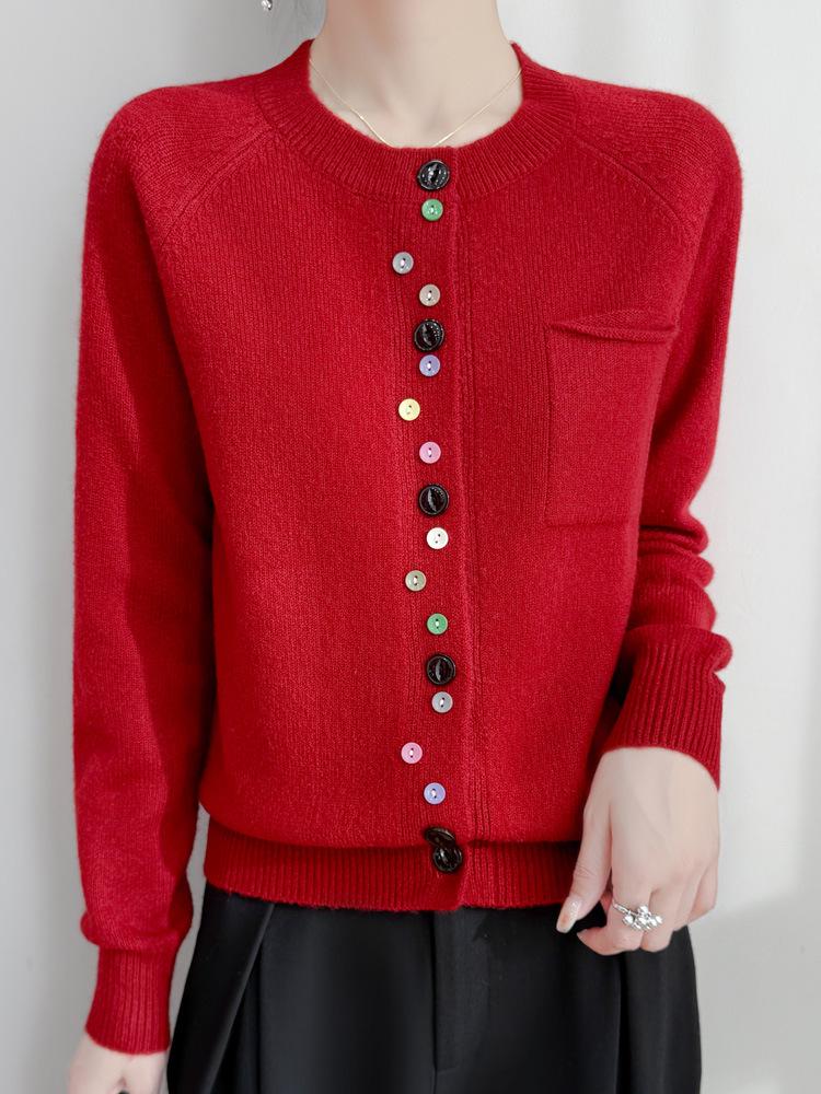 Colorful Button Cardigan: Spring Fashion, Versatile Round Neck, Long Sleeve Knit for Women