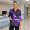 Women's Halloween Print V Neck Medical Scrub Top with Pockets Side Slits and Three Quarter Sleeves Suitable for Healthcare Professionals
