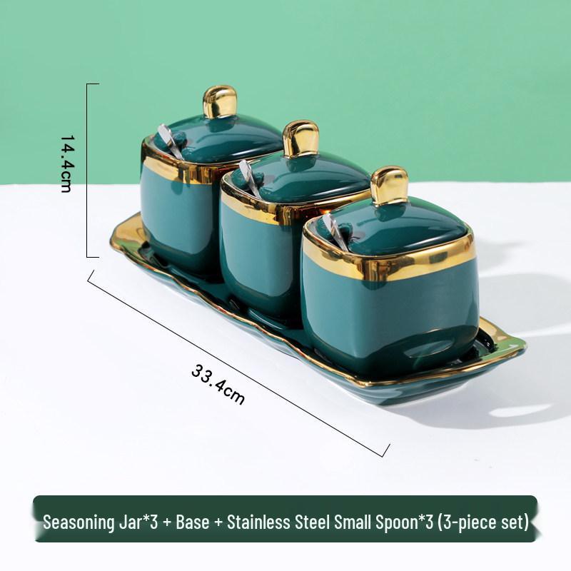 Nordic Style Ceramic Seasoning Jar Set with Gold-Edged Lids: Includes Salt Shaker & MSG Can.