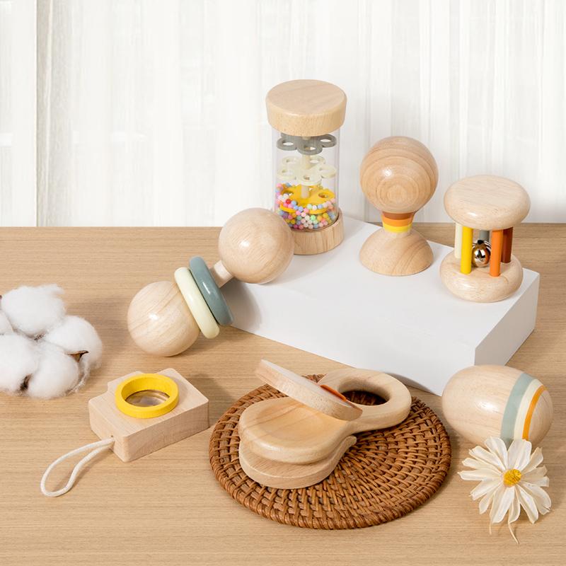 Infant and Toddler Wooden Toys 7-piece Set, Listening and Grasping Toys, Rattles, Rain Barrels, Rattles, Baby Holiday Gifts