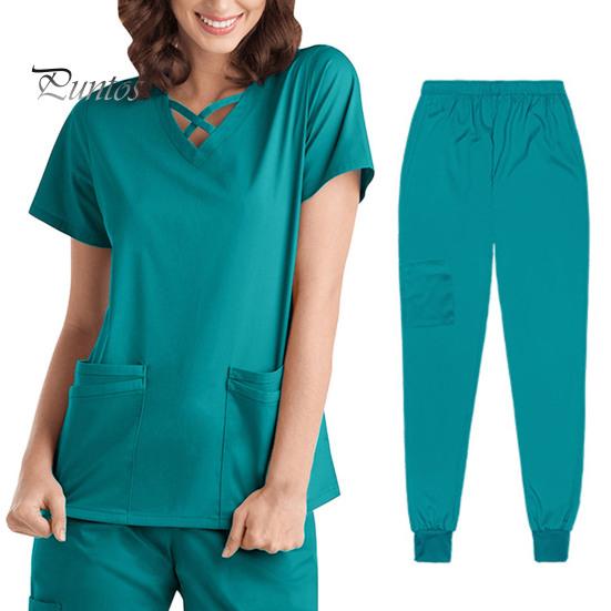 2st/set Unisex sjukhusuniformset V-ringad kortärmad fickor Toppar Elastiska midjebyxor Snabbtorkande sjukhustandvårdsskrubbuniformer
