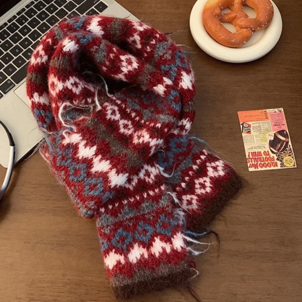 Wool Jacquard Knitted Scarf Printed Winter Wool Neckerchief Sweet Fair Isle Style Scarf  Autumn