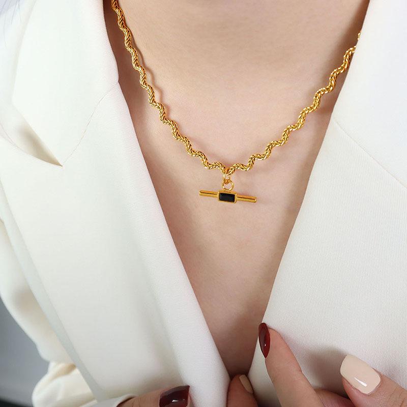 Trendy Glass Stone Pendant Necklace with Titanium Steel Chain