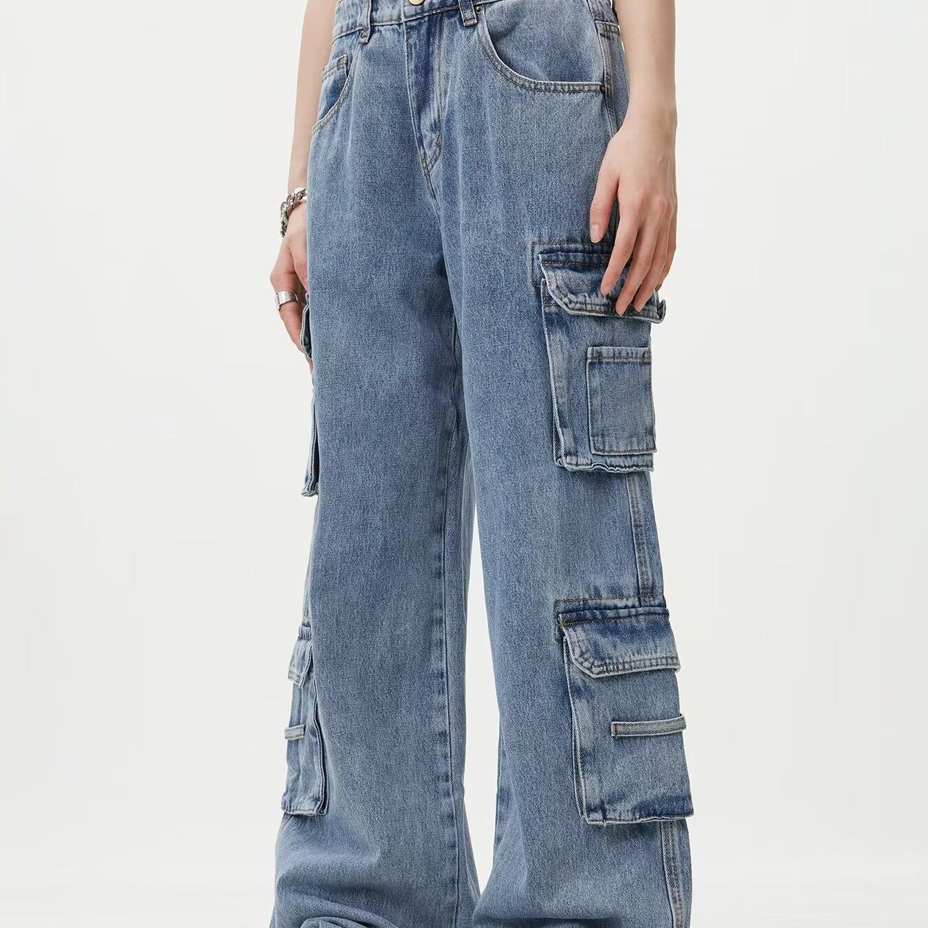 

Американские свободные джинсы широкого кроя длиной до пола с множеством карманов для спецодежды 3XL синий