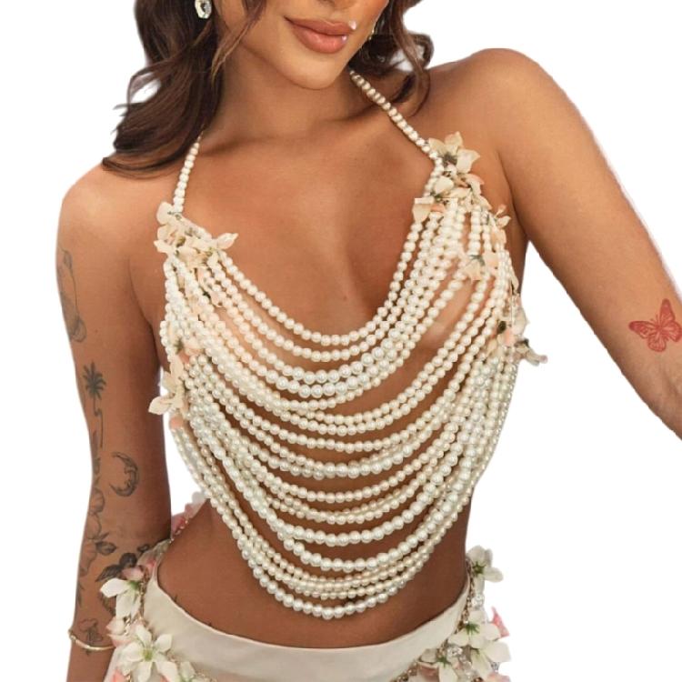 

Faux Pearls Multilayered Vest Top Elegant Adjustable Body Jewelry Accessory Modern Chest Decoration Chest Ornament Chain 1