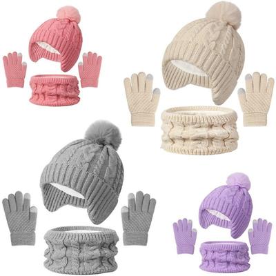 Kids Warm Hat Scarf Gloves Set 3-10Y Pompom Knitted Hats New Toddler Bonnet Children's Outdoor
