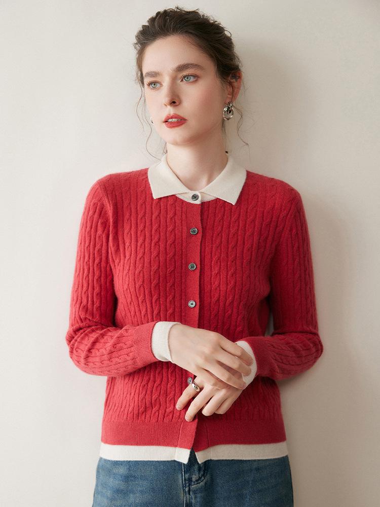 Women's Cashmere Blend Cable Knit Cardigan with Faux Two-Piece, Contrast Colors, Fold-over Sweater, Loose Wool Coat.
