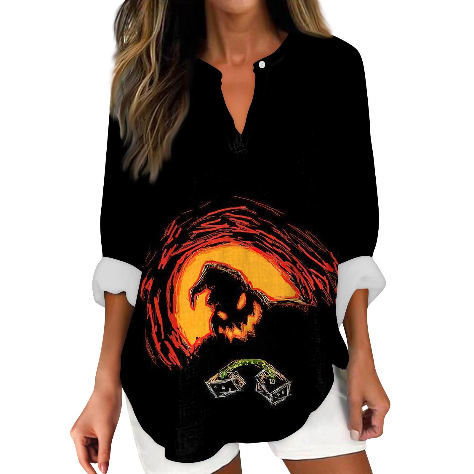 

Женские модные повседневные женские топы с v-образным вырезом и длинным рукавом с принтом на Хэллоуин XXXL красный