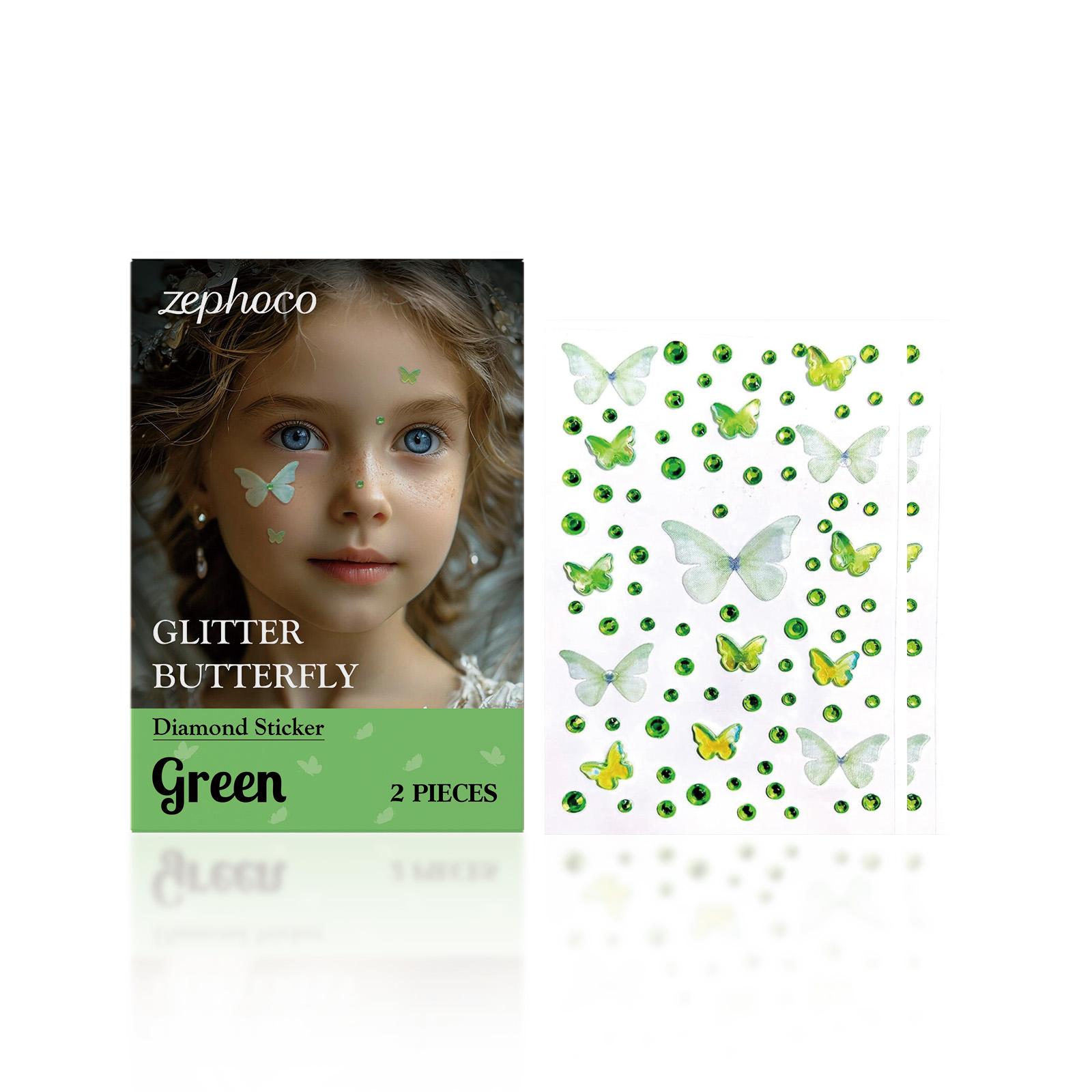 zephoco Glitter Butterfly Diamond Stickers Green Butterfly Shaped Shiny Stickers for Birthday Party Performance Makeup