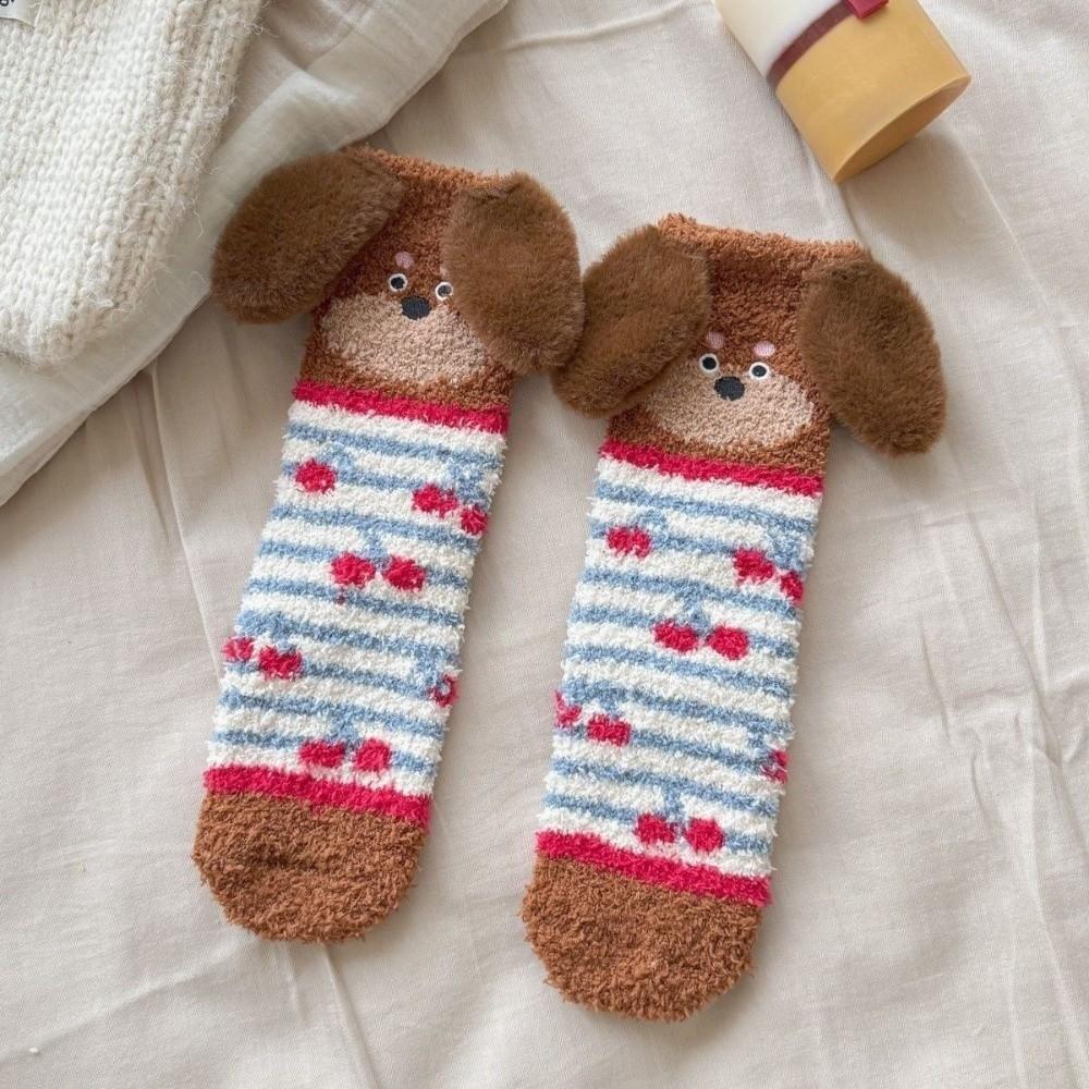 Plush Puppy Ears Coral Fleece Socks Stripe Sleeping Socks Sweet Floor Socks  Girls