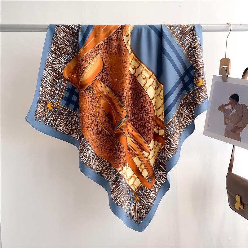 Headscarf Printed Twill Silk Large Square Scarf Small Fragrant Silk Scarf Women'S Anti-Sun Scarf Decorative Scarf Shawl 90Cm
