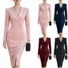 Women's V-Neck Long Sleeve Color Waist-Defining Bodycon Dress with Button
