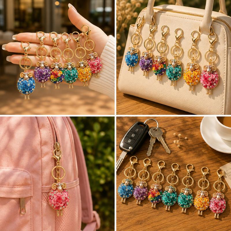 Rhinestone Rose Sheep Keychain With Shiny Crystals Great As Bag Pendant Key Holder Gift