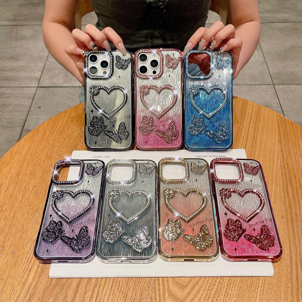 For IPhone 16 Promax Sparkling Diamond Phone Case for Apple 15 Love Butterfly 14 Gradient Sparkling Pink Soft Case