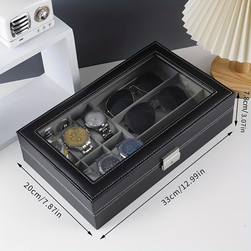 Elegant Faux Leather Watch and Glasses Organizer Box with Mirro Display Case Fashion Glasses Storage Box with Lock Buckle Travel