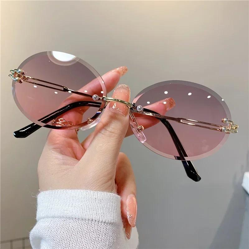 Trendy Rimless Sunglasses For Woman Summer Oval Fashion Brand Designer Shades Cut-Edge Pink Women'S Sun Glasses Uv400