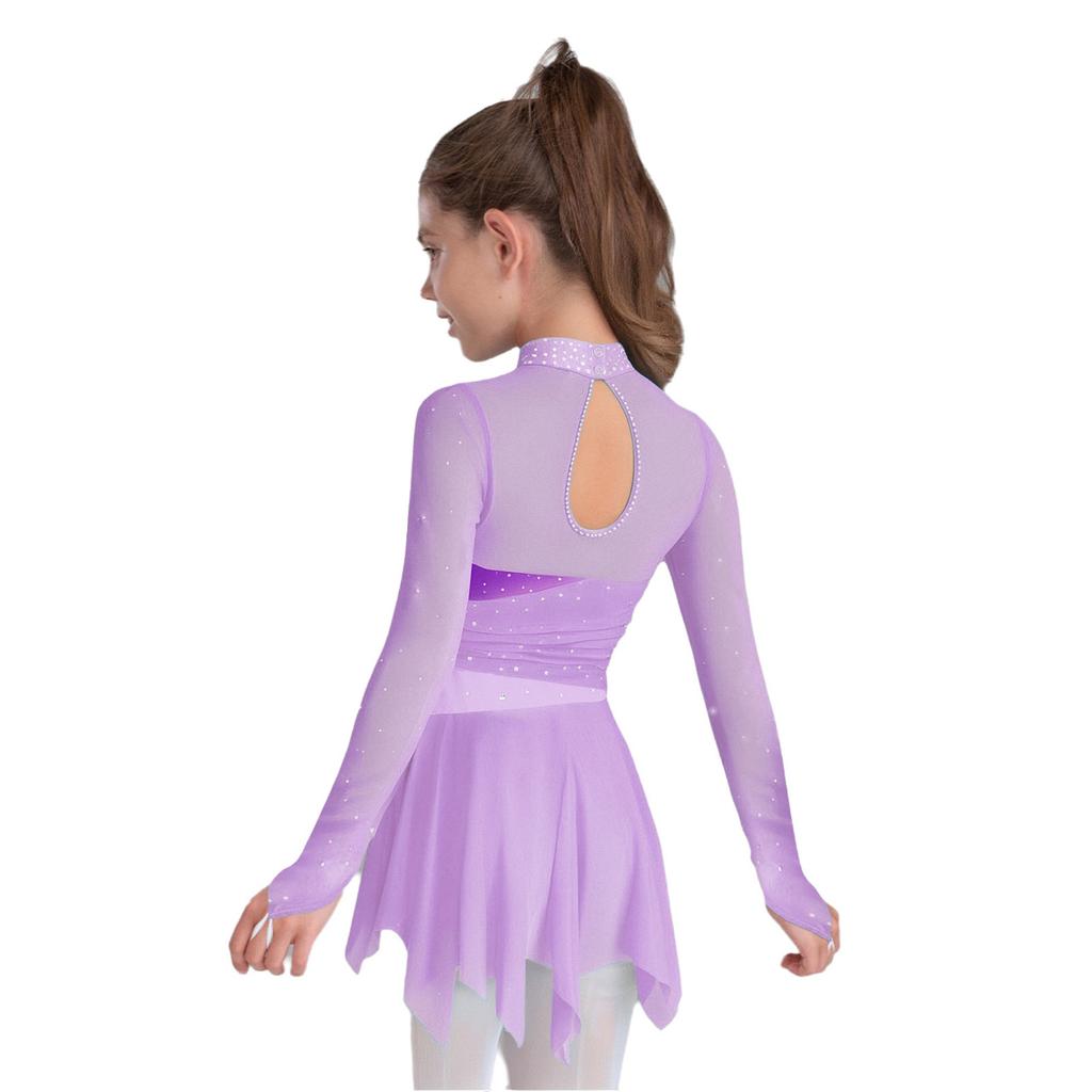 Girls Lyrical Dance Costume Mock Neck Long Sleeve Sparkly Rhinestones Mesh Dress