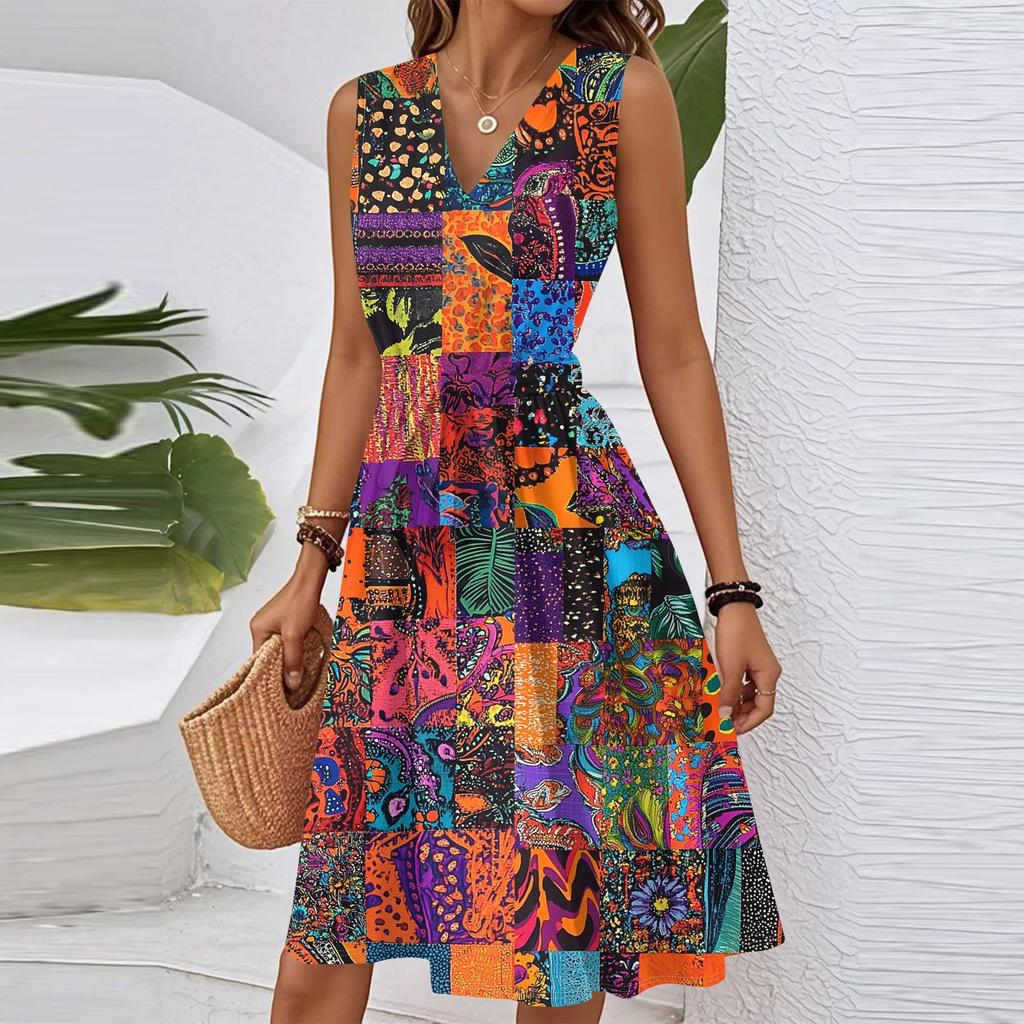 Women's Spring Summer Casual V Neck Sleeveless Waist Floral Print Midi Dress