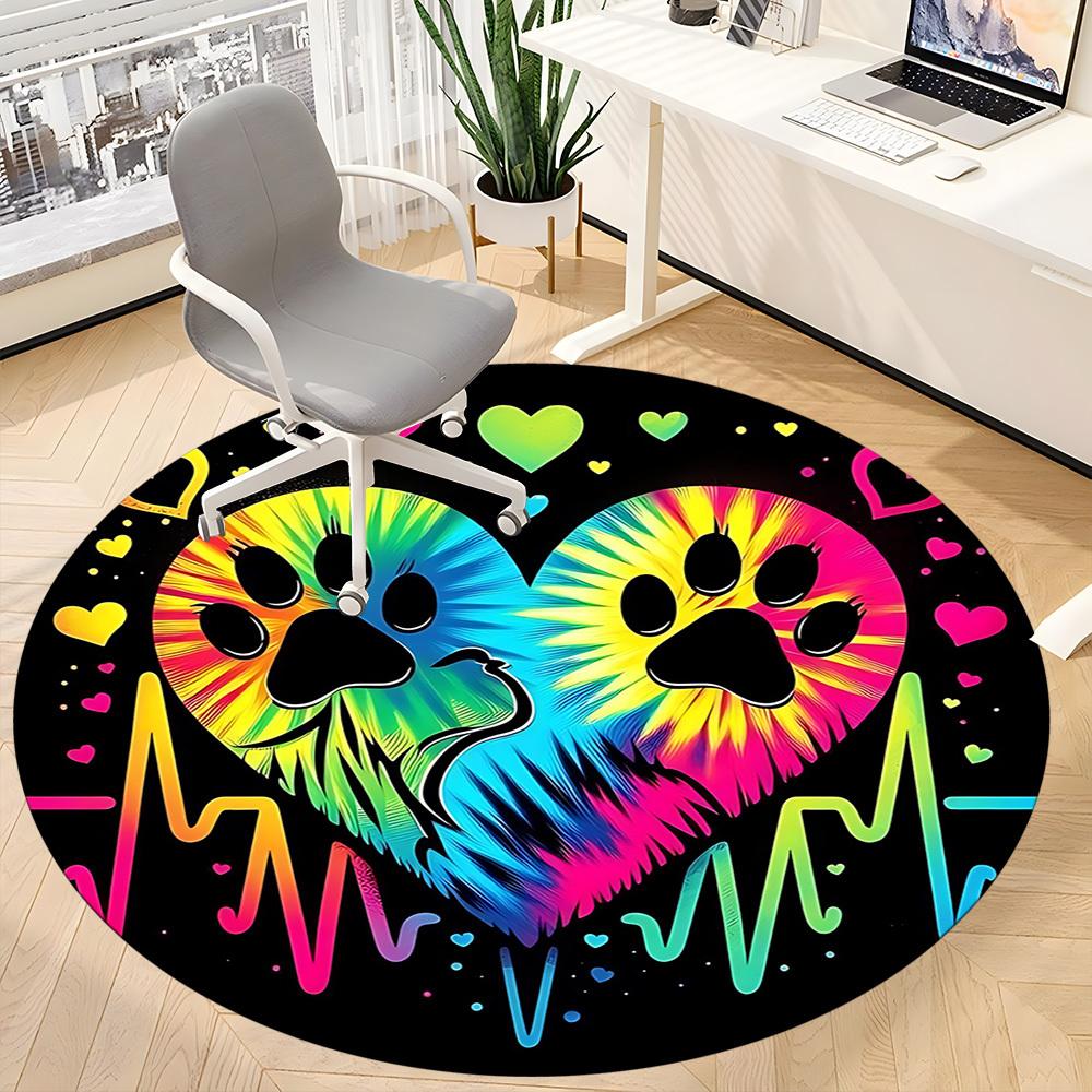 1pc PawPrints Heartbeats Office Round Area Rug, Indoor Mat Suitable For Office, Under Office Chairs Bedroom Living Room Home Decor, Room Deco