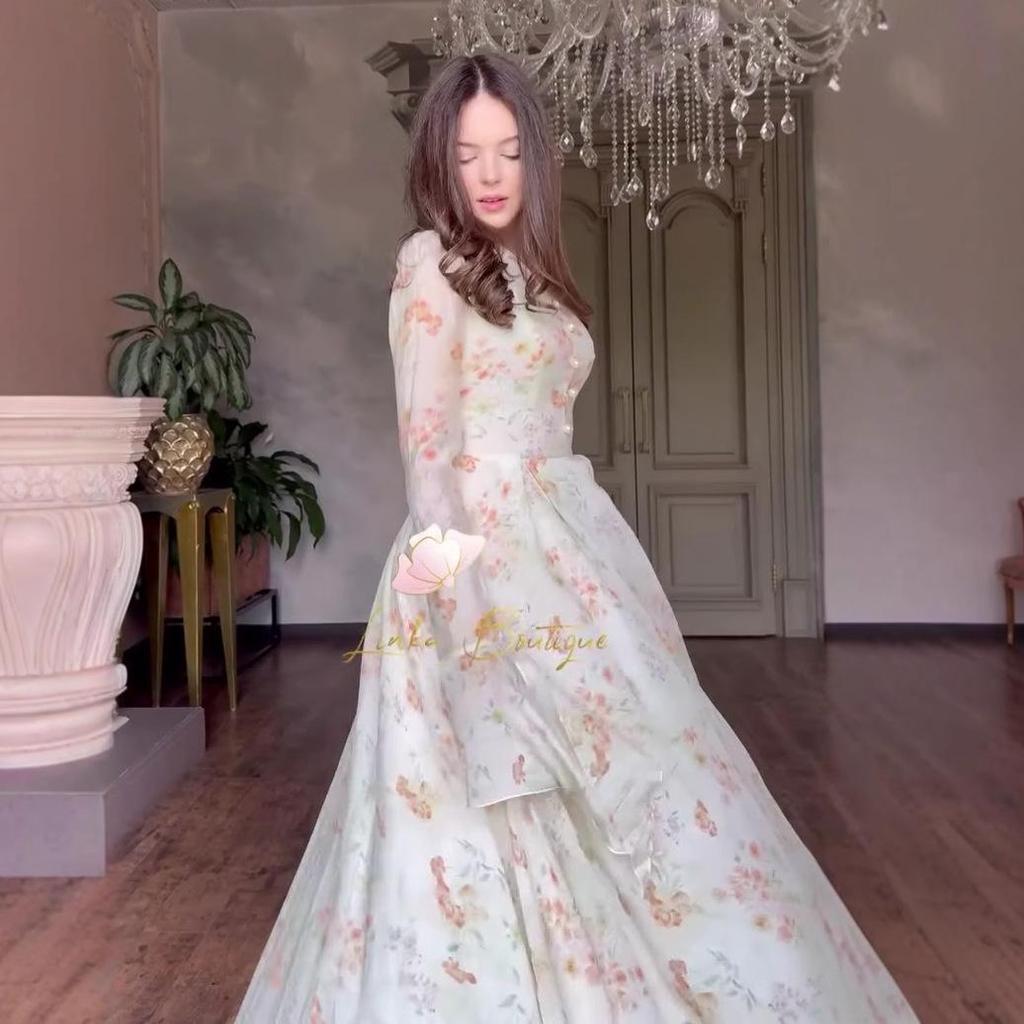 2025 Autumn French-Style Long Square Neck Printed Dress for Women