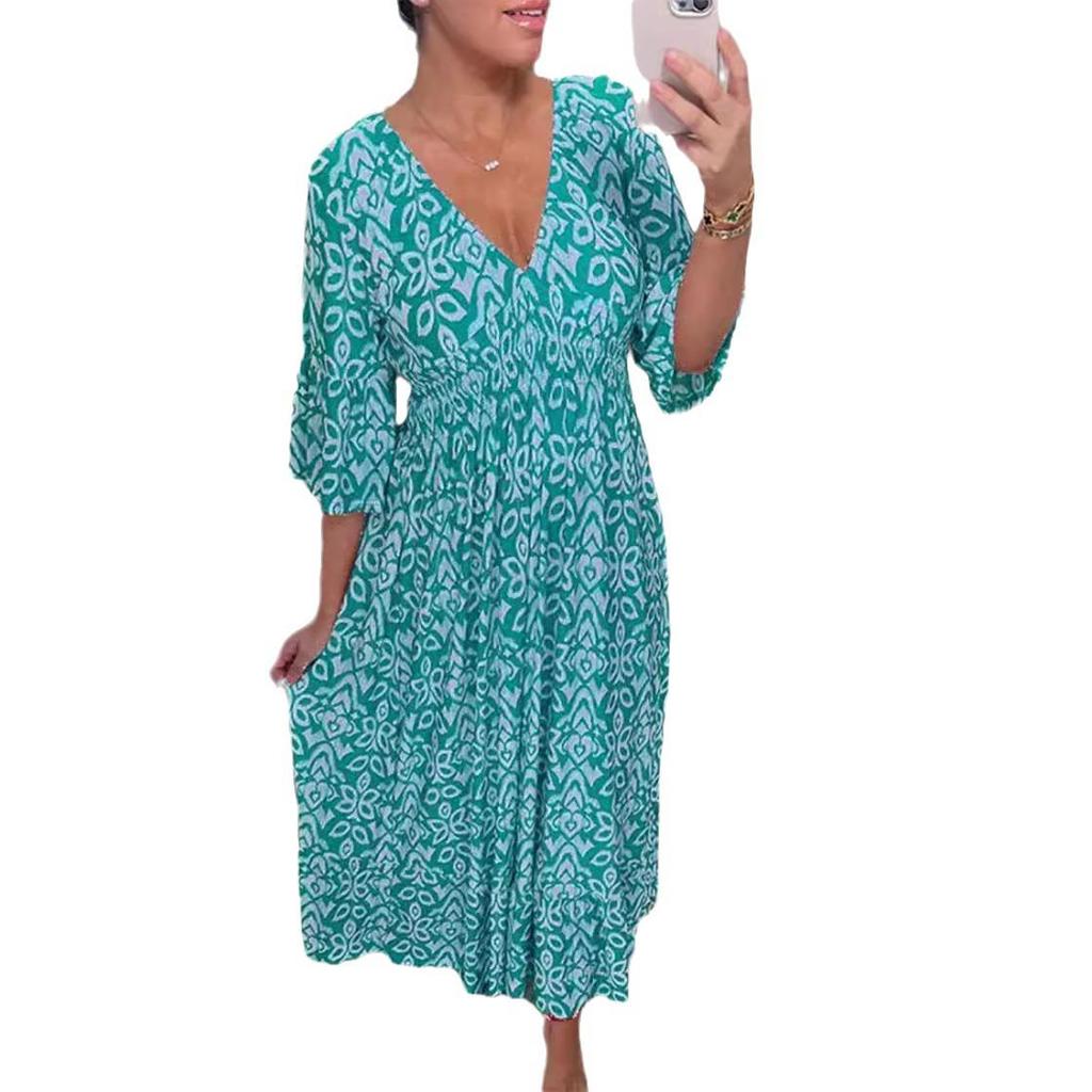 Women's V-neck Floral Dress for Beach Holiday, Digital Print, Loose Fit