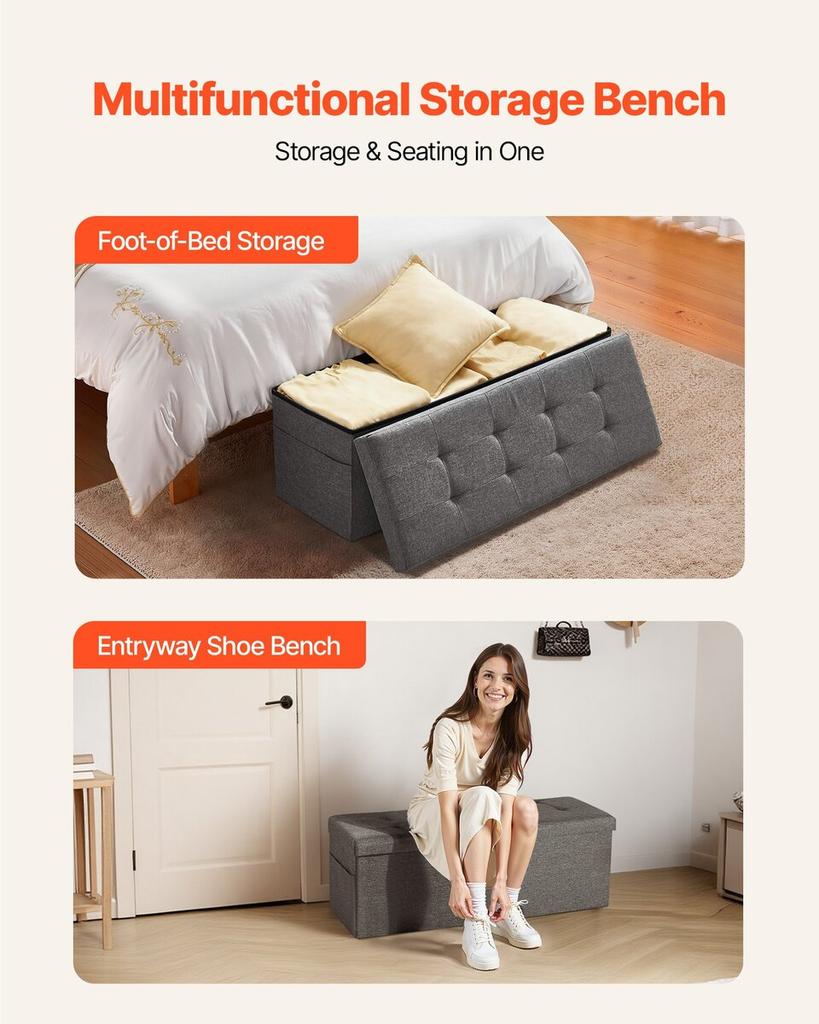 Foldable Storage Ottoman Bench, End of Bed Bench with Side Bags, Folding Upholstered Storage Chest Supports 660 Lbs, Linen Bed Ottoman with Large