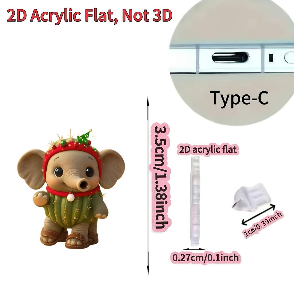 2D Cute Christmas Cactus and Elephant Phone Dust Plug, Adorable Design, Easy to Use, Good Dust Protection, Long-Lasting Protection for the Interface