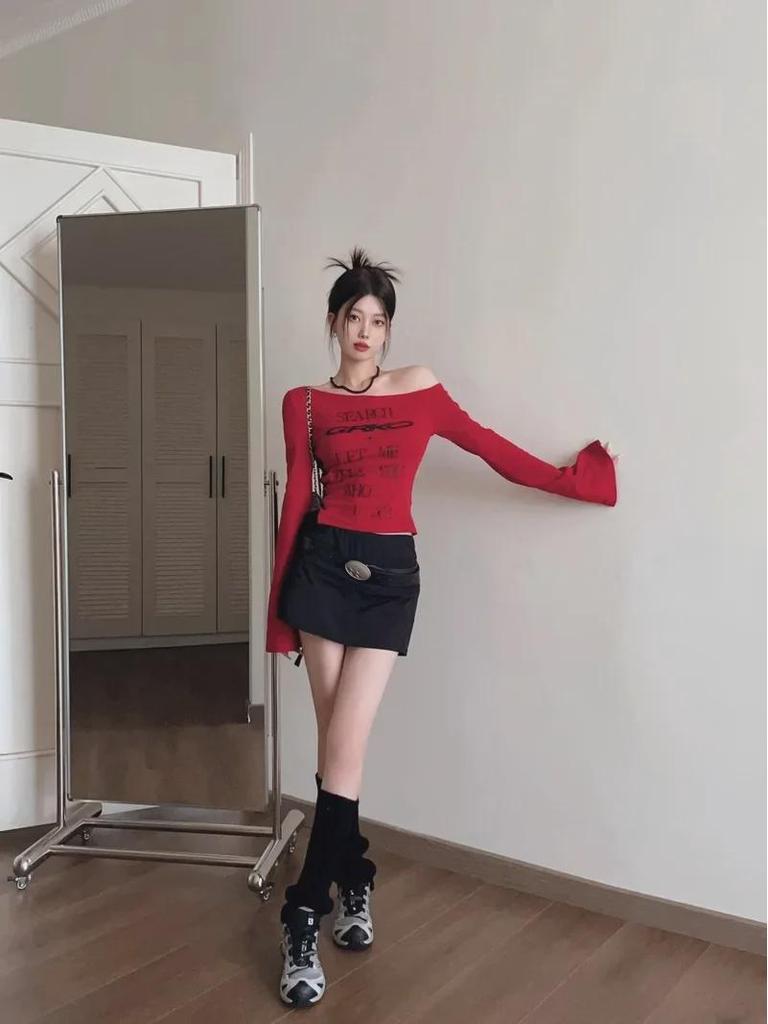 Women's Off-Shoulder Tie-Strap Long-Sleeve Top